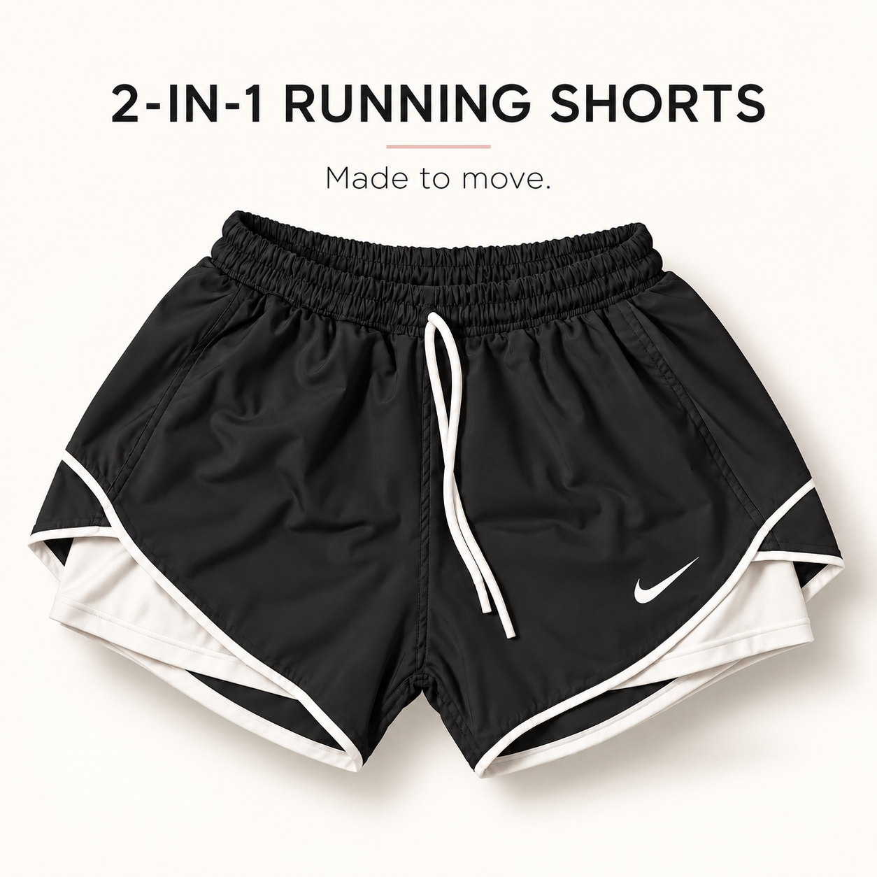 Black 2-in-1 running shorts with built-in white liner